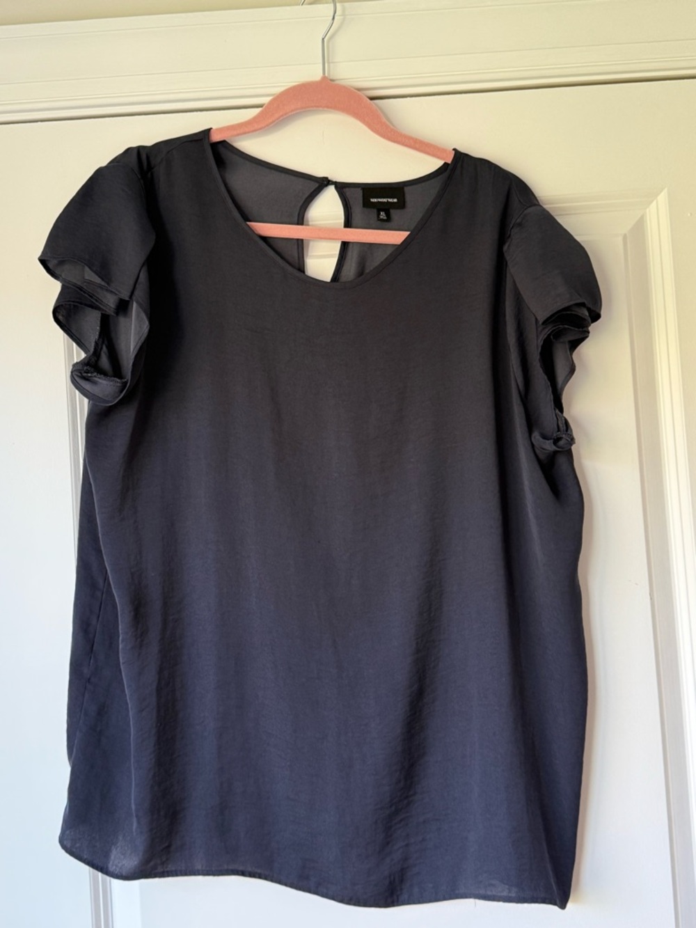 Who What Wear Midnight Blue Silky Blouse, Short Sleeves, Ruffled, XL